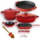 Lava Döküm 5X New Heritage Serisi Döküm Demir Tencere & Tava Seti  Kırmızı - 1