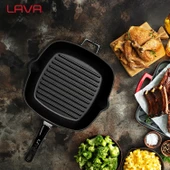 Lava Döküm Kare Izgara Tava Cam Kapaklı Döküm Demir Yekpare Saplı Ölçü 28x28cm.  Siyah thumbnail 7