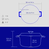 Lava Döküm Yuvarlak Tencere Döküm Demir Yekpare Kulplu Premium Serisi Çap(Ø)28cm.  Mavi thumbnail 6