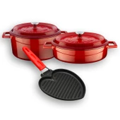Lava Döküm Trendy Serisi Yuvarlak Derin ve Sığ 5 Parça Tencere Tava Çeyiz Seti  Kırmızı thumbnail 2
