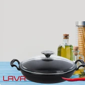 Lava Döküm Yuvarlak Sahan Cam Kapaklı Döküm Demir Yekpare Çift Kulplu Çap(Ø)24cm.  Siyah thumbnail 7