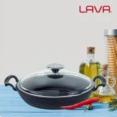 Lava Döküm Yuvarlak Sahan Cam Kapaklı Döküm Demir Yekpare Çift Kulplu Çap(Ø)24cm. thumbnail 7