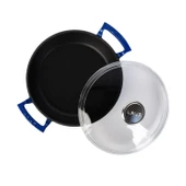 Lava Döküm Yuvarlak Sahan Cam Kapaklı Döküm Demir Yekpare Çift Kulplu Çap(Ø)24cm.  Mavi thumbnail 3