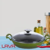 Lava Döküm Yuvarlak Sahan Cam Kapaklı Döküm Demir Yekpare Çift Kulplu Çap(Ø)24cm.  Yeşil thumbnail 6