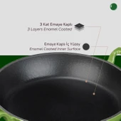 Lava Döküm Yuvarlak Sahan Cam Kapaklı Döküm Demir Yekpare Çift Kulplu Çap(Ø)24cm.  Yeşil thumbnail 5