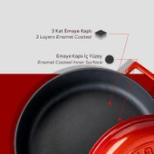 Lava Döküm Çok Amaçlı Yayvan Tencere. Kubbe Form Kapaklı Folk Serisi Çap(Ø)28cm.  Kırmızı thumbnail 6