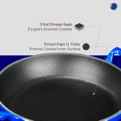 Lava Döküm Yuvarlak Sahan Cam Kapaklı Döküm Demir Yekpare Çift Kulplu Çap(Ø)24cm.  Mavi thumbnail 6