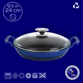 Lava Döküm Yuvarlak Sahan Cam Kapaklı Döküm Demir Yekpare Çift Kulplu Çap(Ø)24cm.  Mavi thumbnail 4