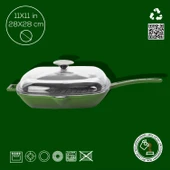 Lava Döküm Kare Izgara Tava Cam Kapaklı Döküm Demir Yekpare Saplı Ölçü 28x28cm.  Yeşil thumbnail 4