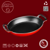 Lava Döküm Oval Sahan Döküm Demir Yekpare Çift Kulplu Ölçü 27x20cm.  Kırmızı - 4