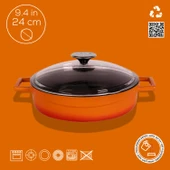 Lava Döküm Çok Amaçlı Yayvan Tencere. Glaze Serisi Çap(Ø)24cm. - Kırmızı  Turuncu - 4