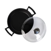 Lava Döküm Yuvarlak Sahan Cam Kapaklı Döküm Demir Yekpare Çift Kulplu Çap(Ø)24cm.  Siyah thumbnail 3