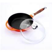 Lava Döküm Yuvarlak Kızartma Tavası Cam Kapaklı Döküm Demir Sök - Tak Ahşap Sap Çap(Ø)24cm  Turuncu thumbnail 2