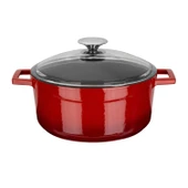 Lava Döküm Yuvarlak Tencere Cam kapaklı. Glaze Çap(Ø)24cm.  Kırmızı thumbnail 1