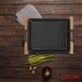 Lava Döküm Dikdörtgen Izgara Tavası Kayın Servis Ahşabı Döküm Demir Yekpare Çift Kulplu Ölçü 26x32cm. thumbnail 7