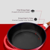 Lava Döküm Yuvarlak Kızartma Tavası Cam Kapaklı Döküm Demir Sök - Tak Ahşap Sap Çap(Ø)24cm  Kırmızı - 5
