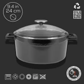 Lava Döküm Yuvarlak Tencere Cam kapaklı. Glaze Çap(Ø)24cm.  Siyah thumbnail 4