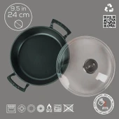 Lava Döküm Yuvarlak Sahan Cam Kapaklı Döküm Demir Yekpare Çift Kulplu Çap(Ø)24cm. thumbnail 4