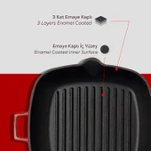 Lava Döküm Kare Izgara Tava Cam Kapaklı Döküm Demir Yekpare Saplı Ölçü 28x28cm.  Kırmızı thumbnail 6