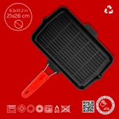 Lava Döküm Dikdörtgen Sığ Izgara Tavası Silikon Tel Saplı Ölçü 21x36cm.  Kırmızı - 5