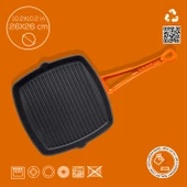 Lava Döküm Kare Izgara Tava Döküm Demir Yekpare Saplı. Ölçü 26x26cm.  Turuncu thumbnail 4