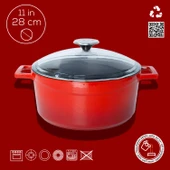 Lava Döküm Yuvarlak Tencere Cam kapaklı. Glaze Çap(Ø)24cm.  Kırmızı - 4