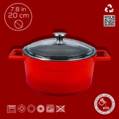 Lava Döküm Yuvarlak Tencere Cam kapaklı. Glaze Çap(Ø)20cm.  Kırmızı - 4