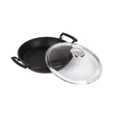 Lava Döküm Yuvarlak Sahan Cam Kapaklı Döküm Demir Yekpare Çift Kulplu Çap(Ø)24cm.  Siyah thumbnail 2