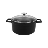 Lava Döküm Yuvarlak Tencere Cam kapaklı. Glaze Çap(Ø)24cm.  Siyah thumbnail 1