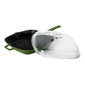 Lava Döküm Kare Izgara Tava Cam Kapaklı Döküm Demir Yekpare Saplı Ölçü 28x28cm.  Yeşil thumbnail 2