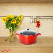 Lava Döküm Yuvarlak Tencere Cam kapaklı. Glaze Çap(Ø)24cm.  Kırmızı - 7