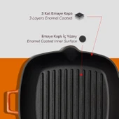 Lava Döküm Kare Izgara Tava Cam Kapaklı Döküm Demir Yekpare Saplı Ölçü 28x28cm.  Turuncu thumbnail 6