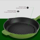 Lava Döküm Yuvarlak Izgara Tava Döküm Demir Yekpare Saplı Çap(Ø)28cm.  Yeşil thumbnail 6