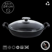 Lava Döküm Yuvarlak Sahan Cam Kapaklı Döküm Demir Yekpare Çift Kulplu Çap(Ø)24cm.  Siyah thumbnail 4