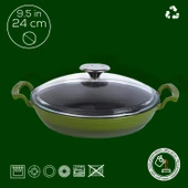 Lava Döküm Yuvarlak Sahan Cam Kapaklı Döküm Demir Yekpare Çift Kulplu Çap(Ø)24cm.  Yeşil thumbnail 3