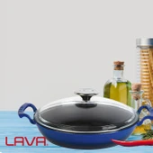 Lava Döküm Yuvarlak Sahan Cam Kapaklı Döküm Demir Yekpare Çift Kulplu Çap(Ø)24cm.  Mavi thumbnail 7