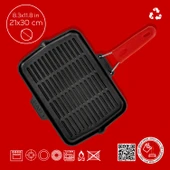 Lava Döküm Dikdörtgen Sığ Izgara Tavası Silikon Tel Saplı Ölçü 21x30cm  Kırmızı - 6