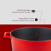 Lava Döküm Yuvarlak Tencere Cam kapaklı. Glaze Çap(Ø)24cm.  Kırmızı - 6