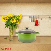 Lava Döküm Yuvarlak Tencere Cam kapaklı. Glaze Çap(Ø)24cm.  Yeşil thumbnail 7