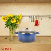 Lava Döküm Yuvarlak Tencere Cam kapaklı. Glaze Çap(Ø)24cm.  Mavi thumbnail 7