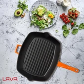 Lava Döküm Dikdörtgen Izgara Tava Döküm Demir Yekpare Saplı Ölçü 26x32cm.  Turuncu thumbnail 7