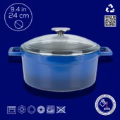 Lava Döküm Yuvarlak Tencere Cam kapaklı. Glaze Çap(Ø)24cm.  Mavi thumbnail 4