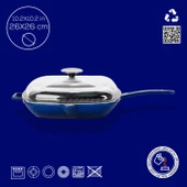 Lava Döküm Kare Izgara Tava Cam Kapaklı Döküm Demir Yekpare Saplı Ölçü 26x26cm.  Mavi thumbnail 4