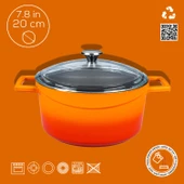 Lava Döküm Yuvarlak Tencere Cam kapaklı. Glaze Çap(Ø)20cm.  Turuncu thumbnail 4