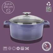 Lava Döküm Yuvarlak Tencere Cam kapaklı. Glaze Çap(Ø)24cm.  Mor - 4
