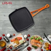 Lava Döküm Kare Izgara Tava Döküm Demir Yekpare Saplı. Ölçü 26x26cm.  Turuncu thumbnail 7