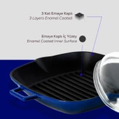 Lava Döküm Kare Izgara Tava Cam Kapaklı Döküm Demir Yekpare Saplı Ölçü 26x26cm.  Mavi thumbnail 6