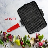 Lava Döküm Dikdörtgen Sığ Izgara Tavası Silikon Tel Saplı Ölçü 21x30cm  Kırmızı - 9