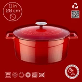 Lava Döküm Yuvarlak Tencere. Folk Çap(Ø)28cm.  Kırmızı thumbnail 4