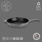 Lava Döküm Yuvarlak Izgara Tavası Döküm Demir Yekpare Saplı Premium Serisi. Çap(Ø)28cm.  Gri - 4